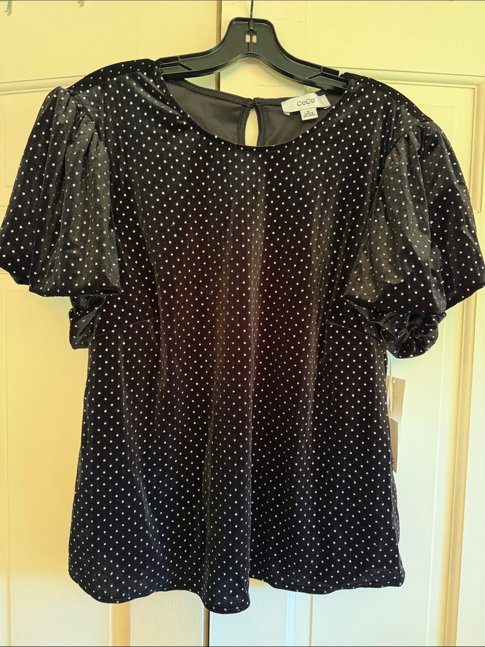 CeCe Black Velvet Polka Dot Puff Sleeve Blouse